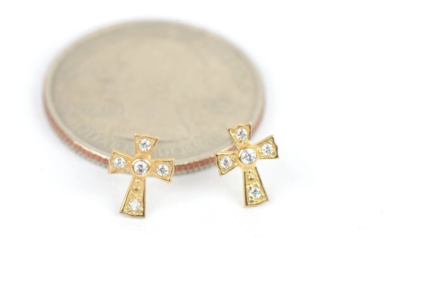 14K Yellow Gold Screw Back Cubic Zirconia Cross Earrings