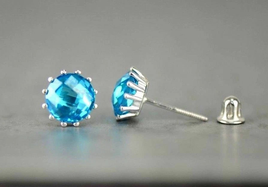 14k Solid White Gold 6mm Round Birthstone Stud Earrings with Screw Back