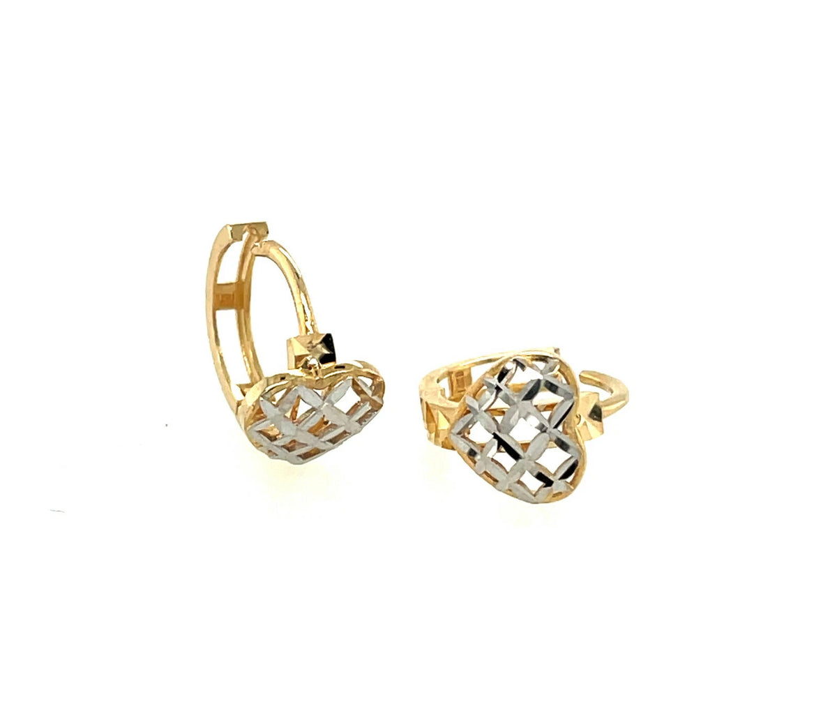 14k Two Tone Diamond Cut Gold Heart Shape Huggie Earrings