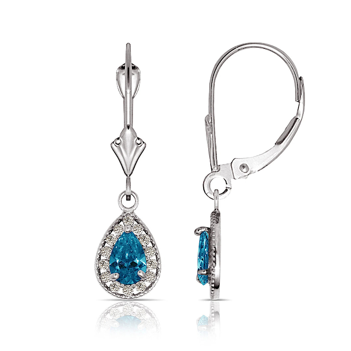 14k White Gold Halo CZ Tear Drop Dangle Leverback Earrings