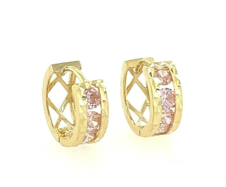 14k Yellow Gold Diamond Cut with Birthstone Huggie Earrings