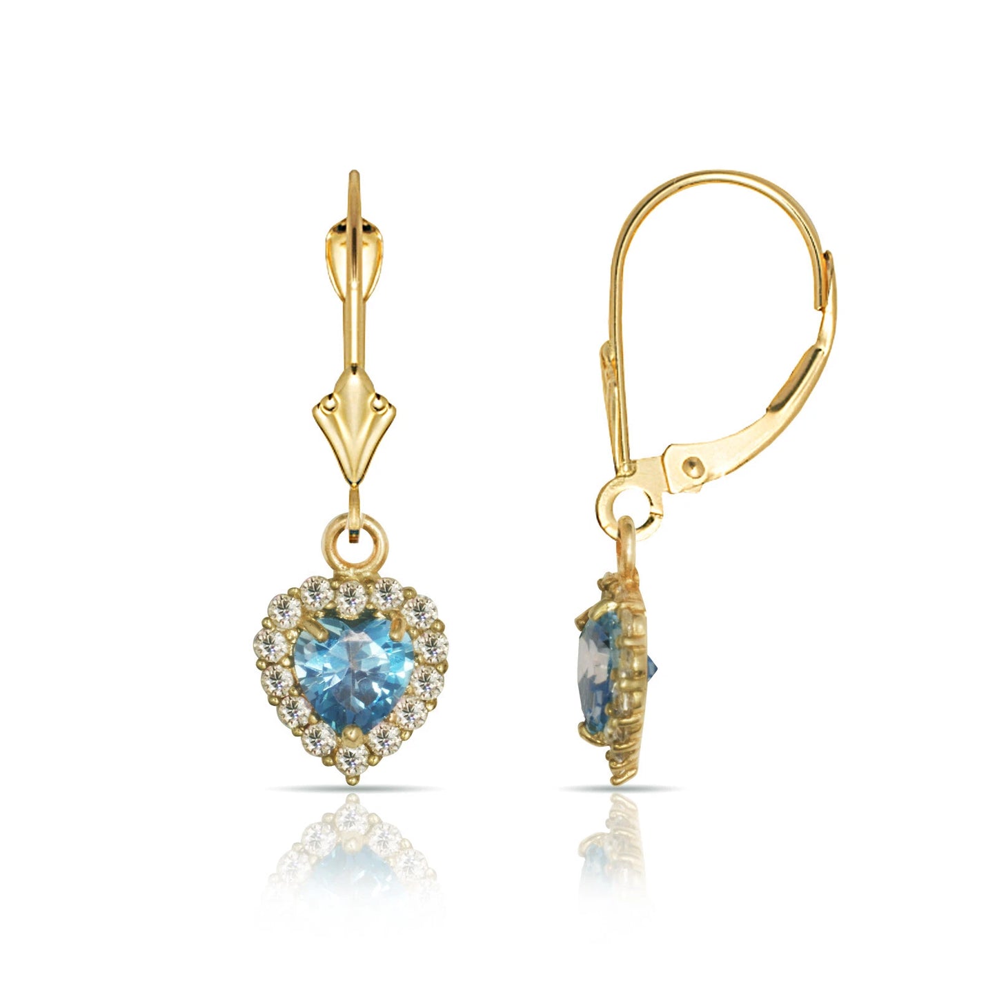 14k Yellow Gold Halo Heart Dangle Leverback Earrings