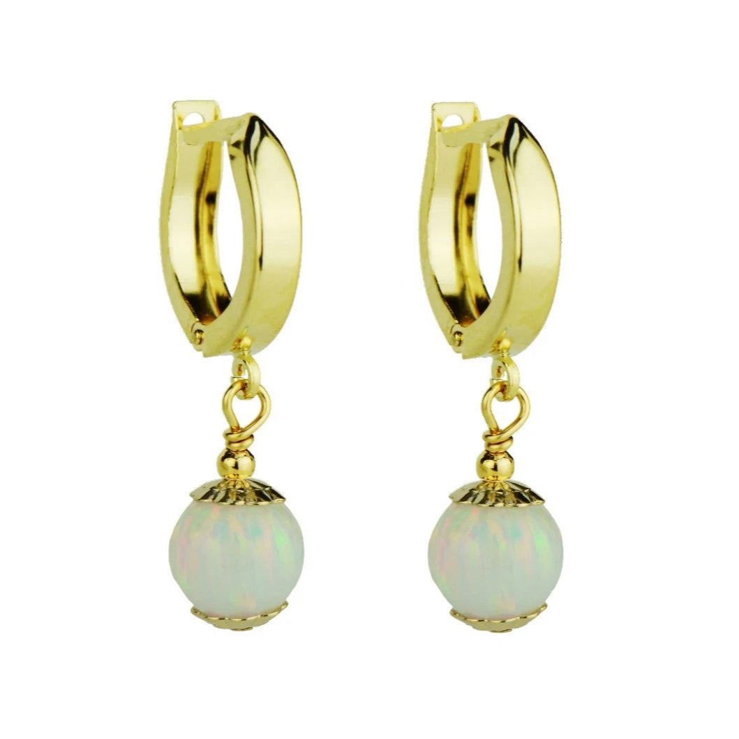 14k Yellow Gold white Opal Huggie Dangle Earring