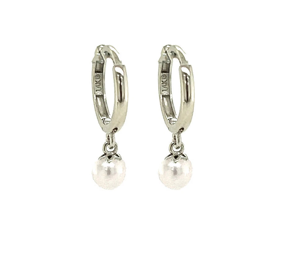 14k Yellow or White Gold Pearl Huggie Dangle Earrings