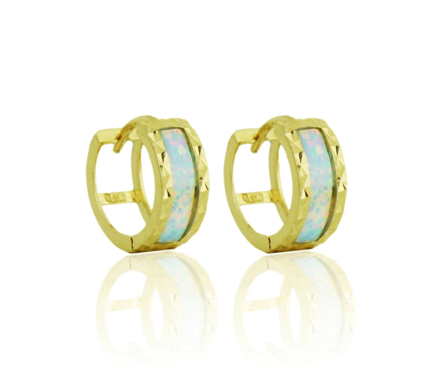 14k Yellow Gold Opal Huggie Hoop Earrings
