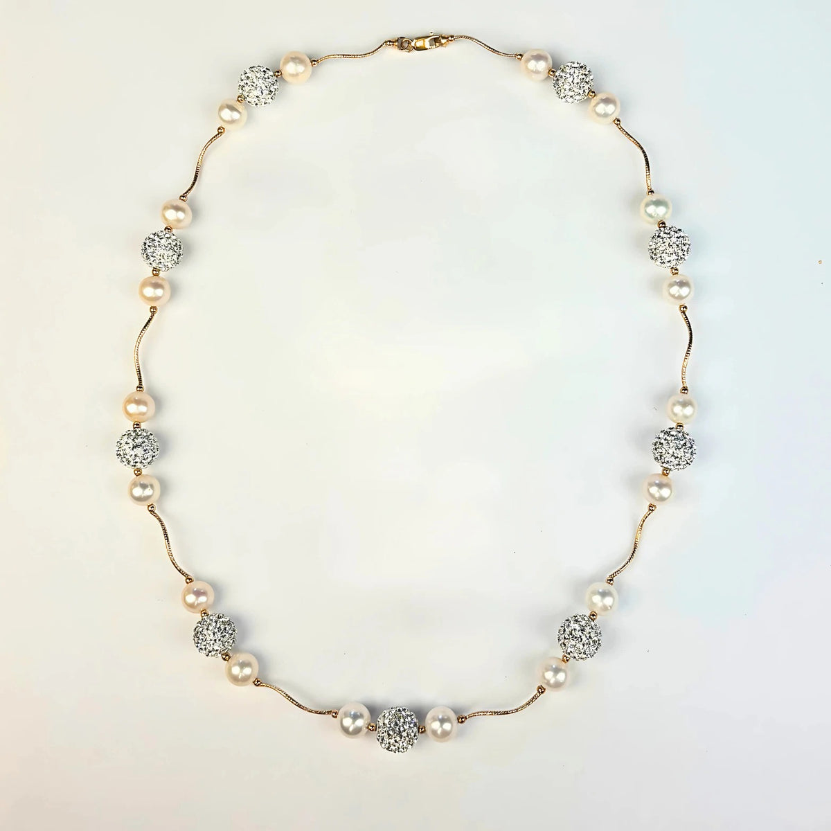 14K Yellow Gold Freshwater Pearl Necklace with Czech Crystal for Women