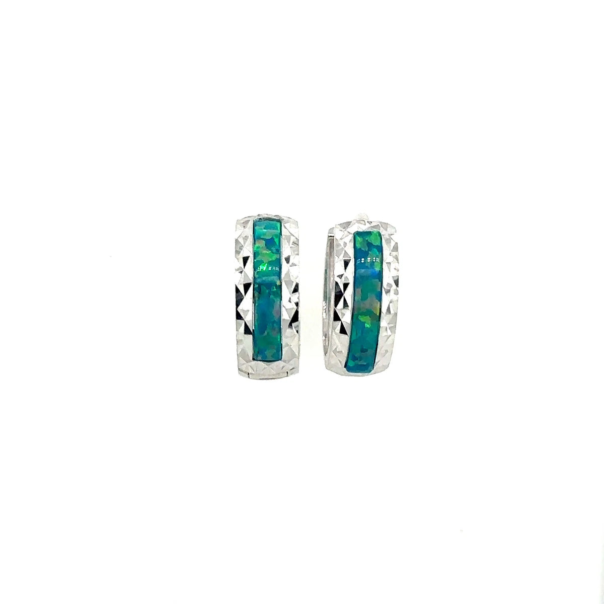 14k White Gold Dark Green Opal Huggie Hoop Earrings
