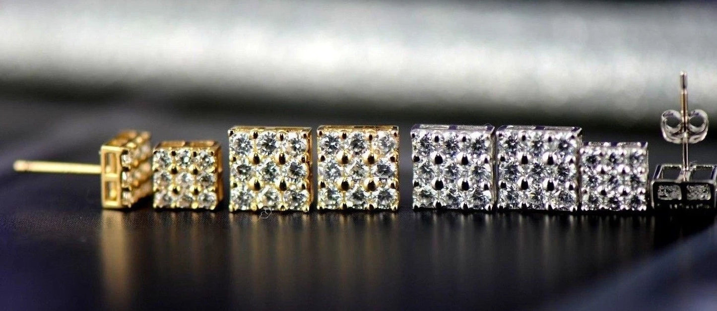 14K Yellow or White Gold Fancy Square Design CZ Stud Earrings