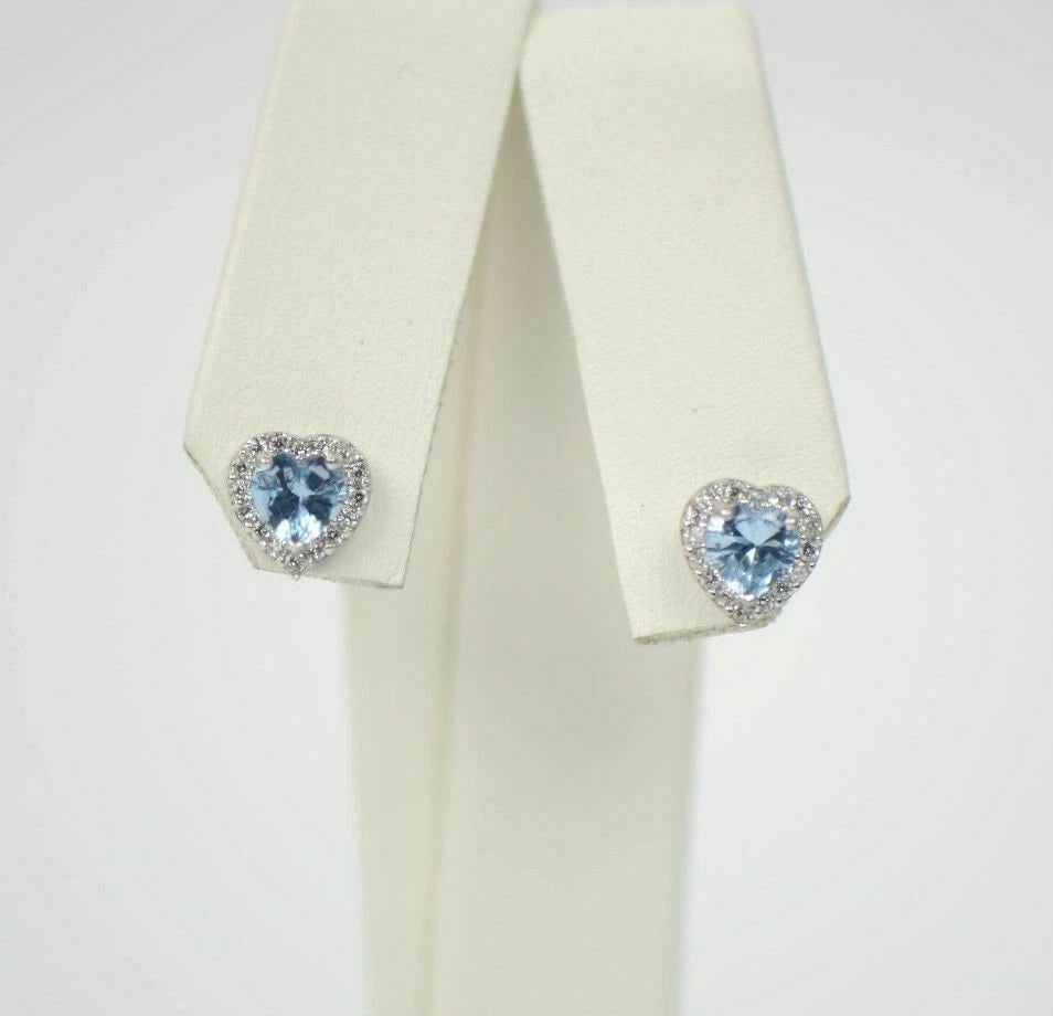 14K White Gold Halo Heart CZ Stud Earrings Screw Back