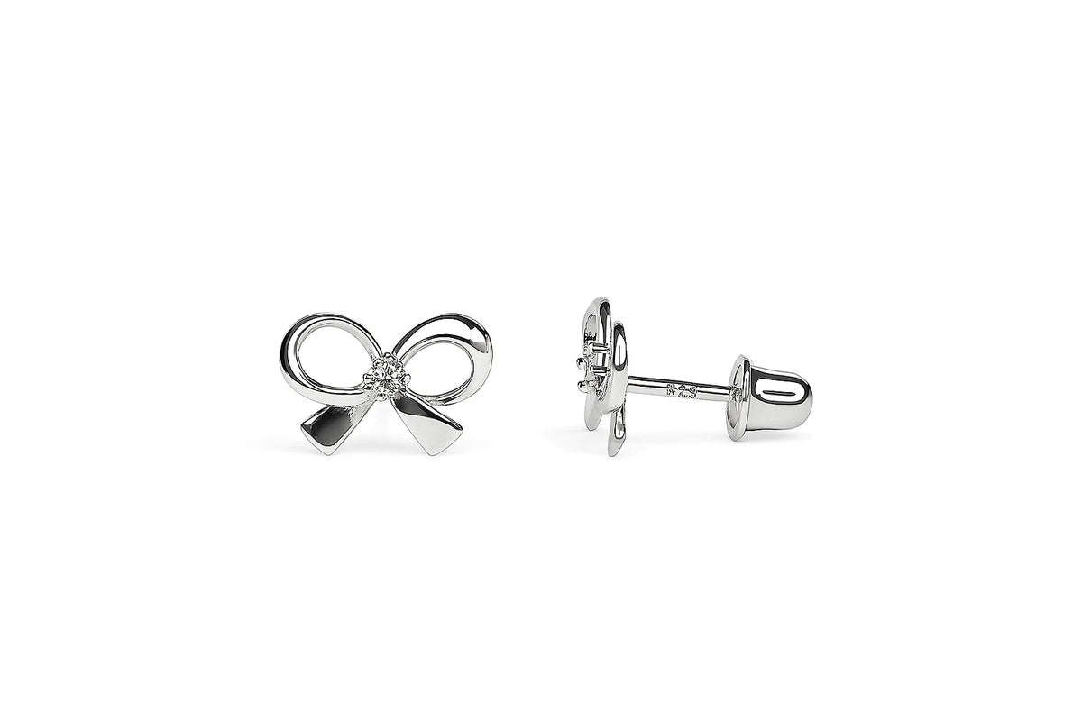 14k Yellow & White Gold CZ Cute Bow Tie Screw Back Stud Earring for Girls & Kids