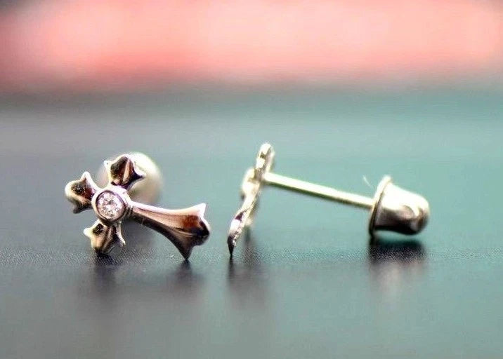 14K White Yellow Gold Cross CZ Earrings