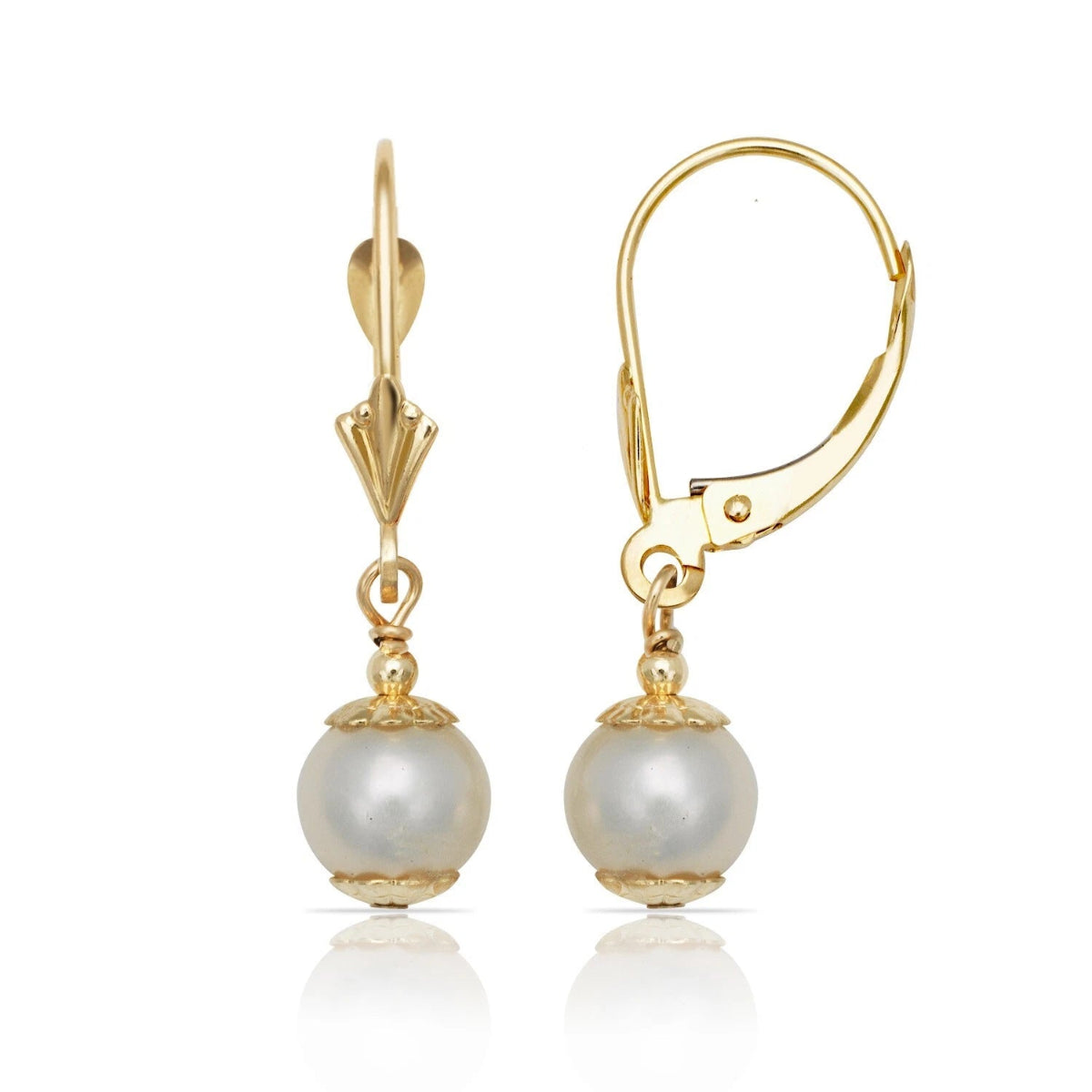 14K Yellow Gold White Round Freshwater Cultured Pearl Leverback Earrings