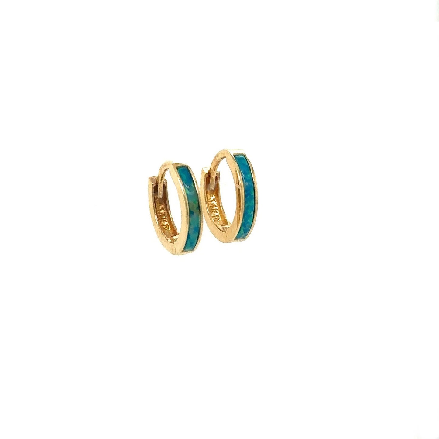 14k Yellow Gold One Row Dark Green Opal Huggie Hoop Earrings