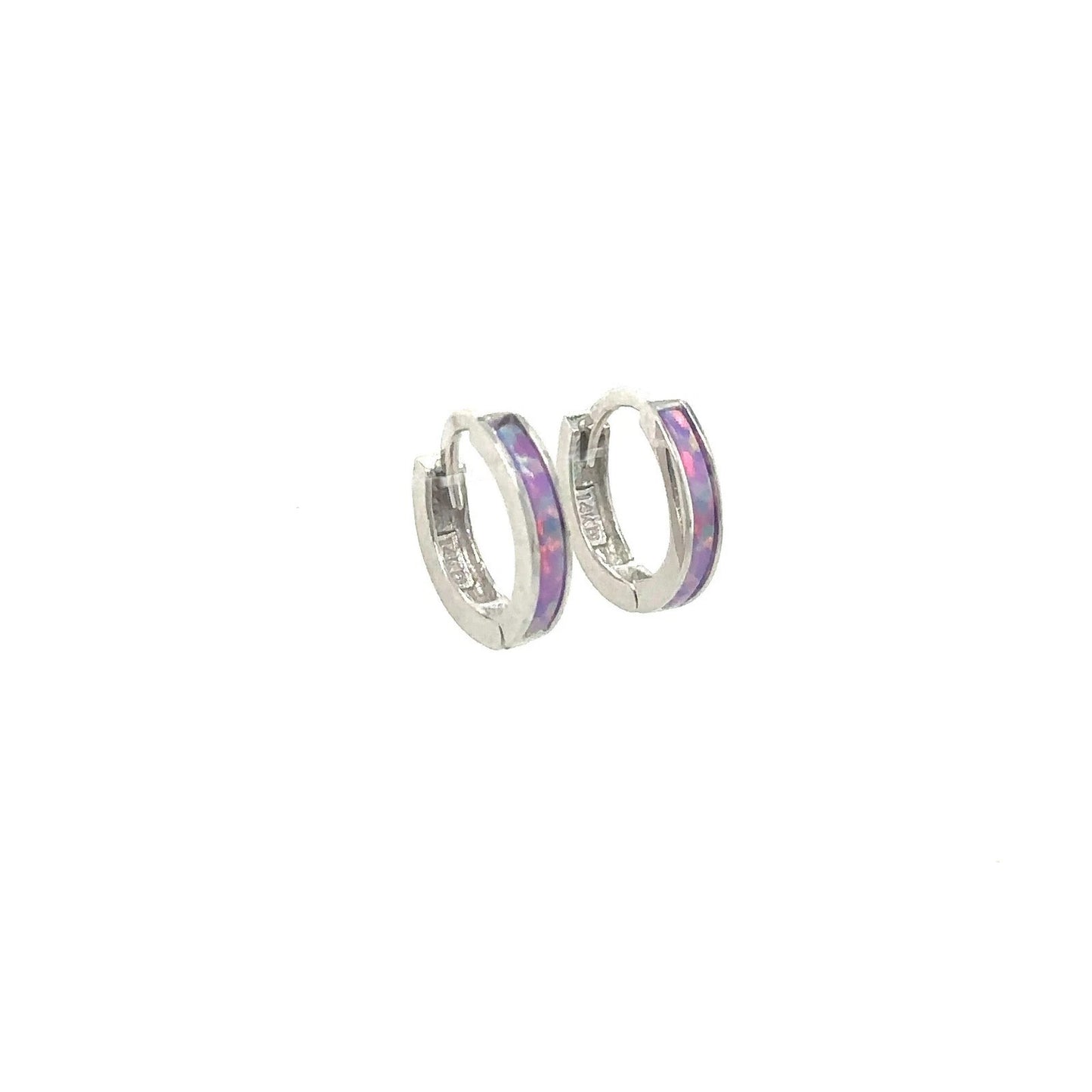 14k White Gold One Row Purple Opal Huggie Hoop Earrings