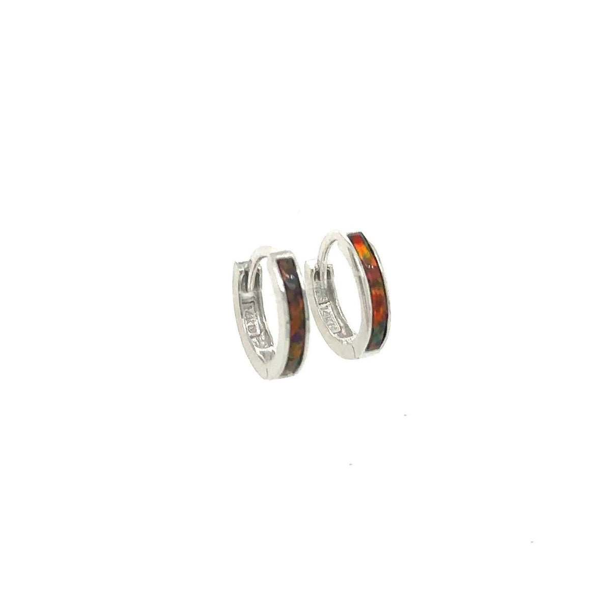 14k White Gold One Row Black Opal Huggie Hoop Earrings