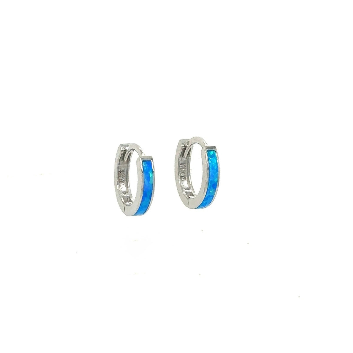 14k White Gold One Row Dark Blue Opal Huggie Hoop Earrings