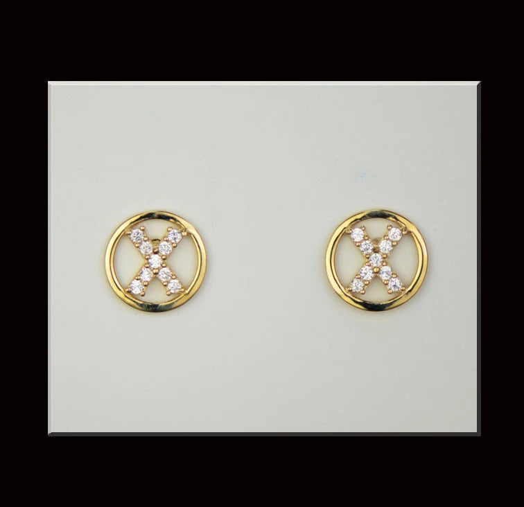 14k Yellow or White Gold Round Initial Letters CZ Stud Earrings