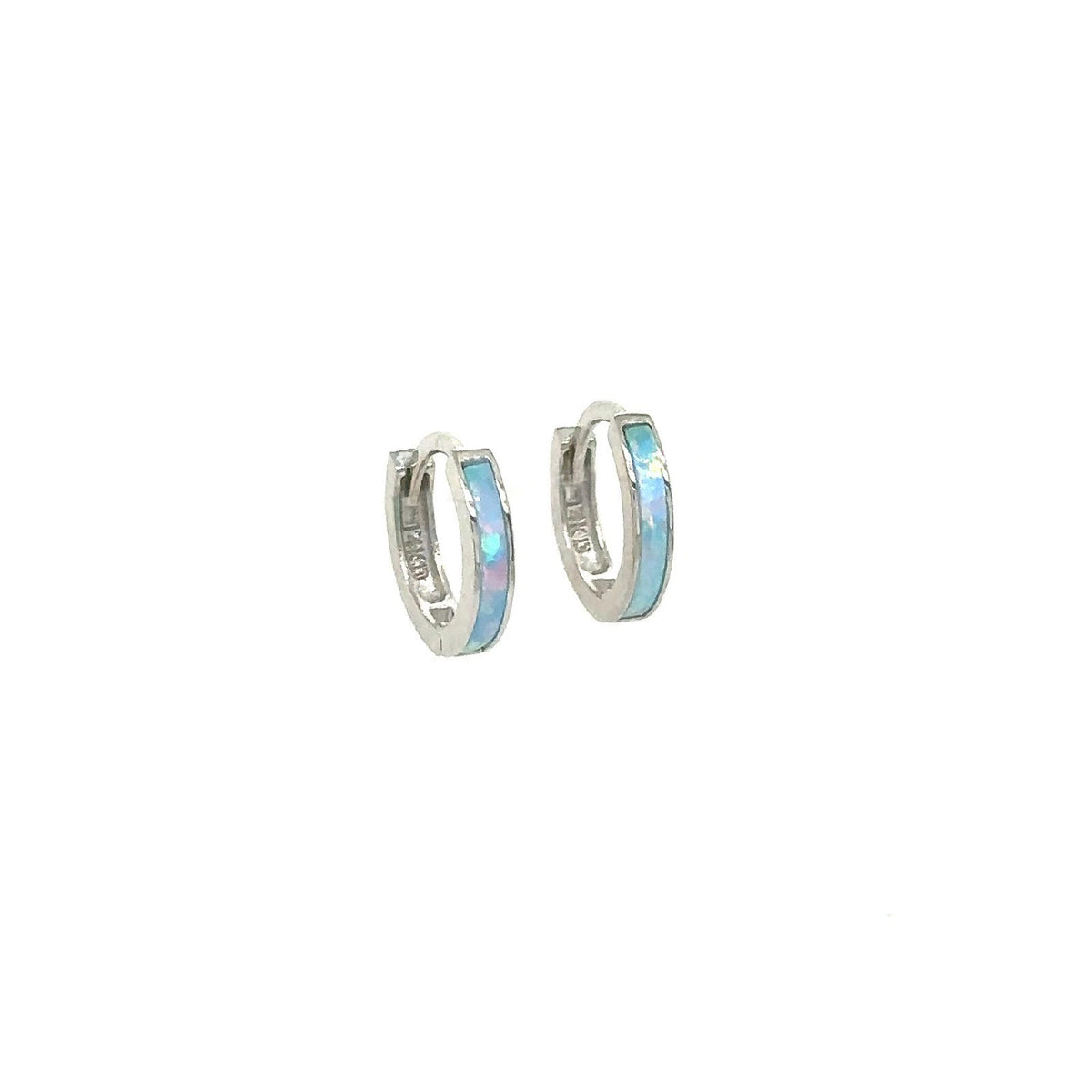 14k White Gold One Row Light Blue Opal Huggie Hoop Earrings