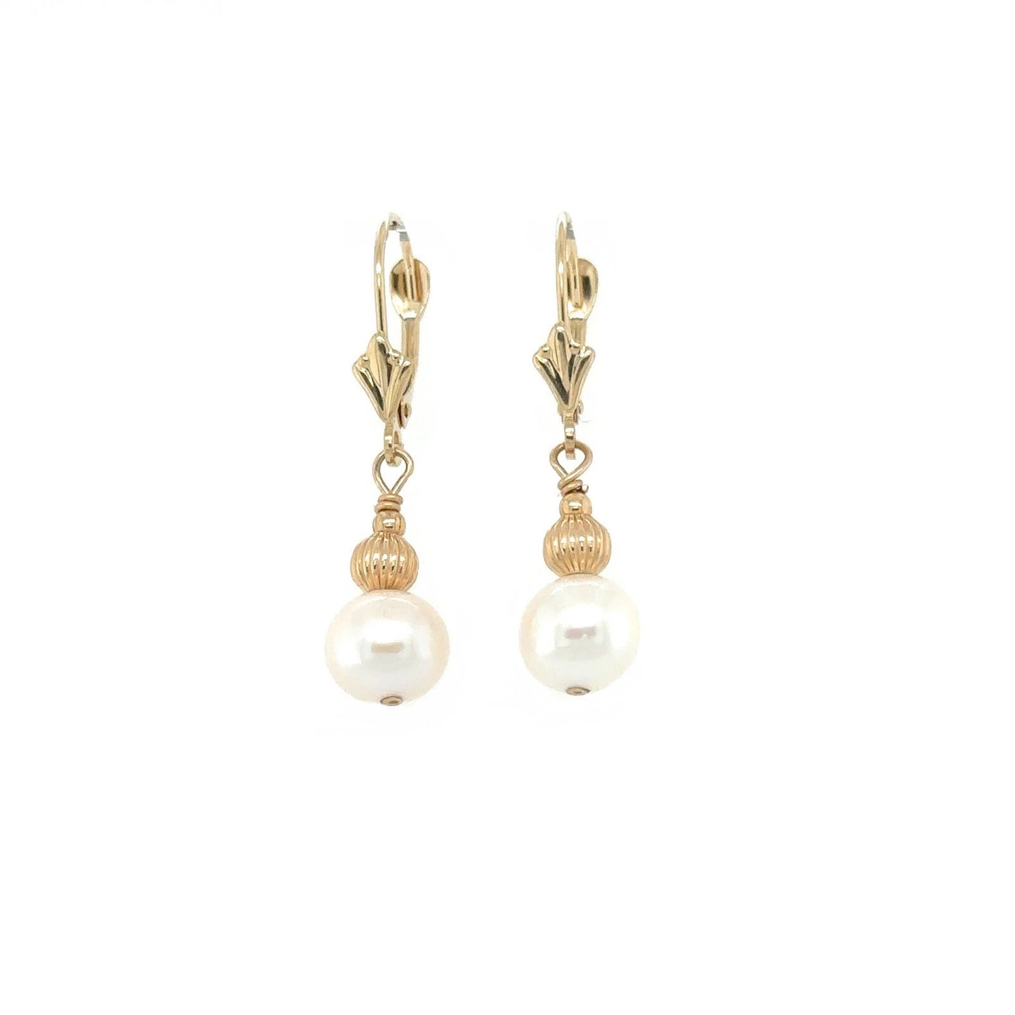 14K Yellow Gold Lever Back Earrings with Genuine Pearl 7mm
