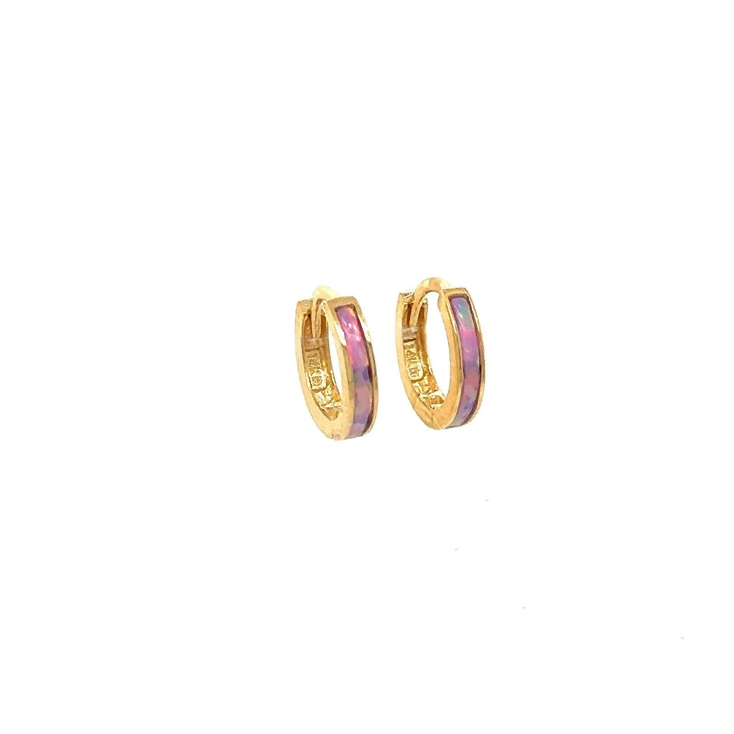 14k Yellow Gold One Row Purple Opal Huggie Hoop Earrings