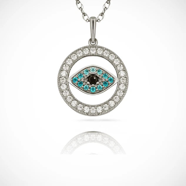 14k Yellow Gold & White Gold CZ Round Evil Eye Pendant For Women
