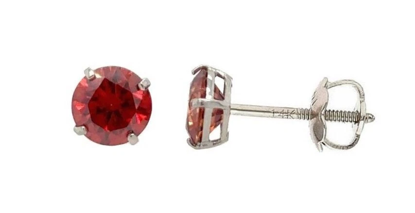 14K Gold GRA Certified D-VVS1 Round Garnet Moissanite Back Screw Studs Earrings