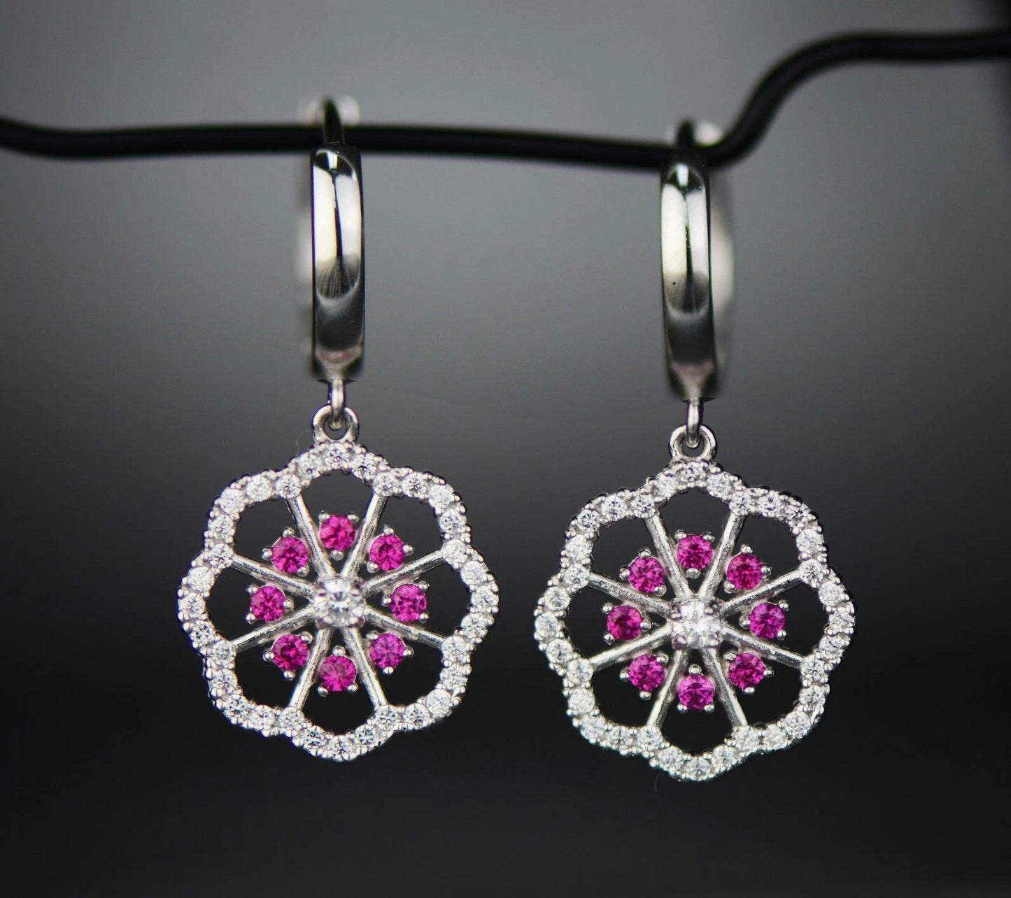14k Yellow / White Gold Dangle CZ Flower Zirconia Stones Huggie Earrings