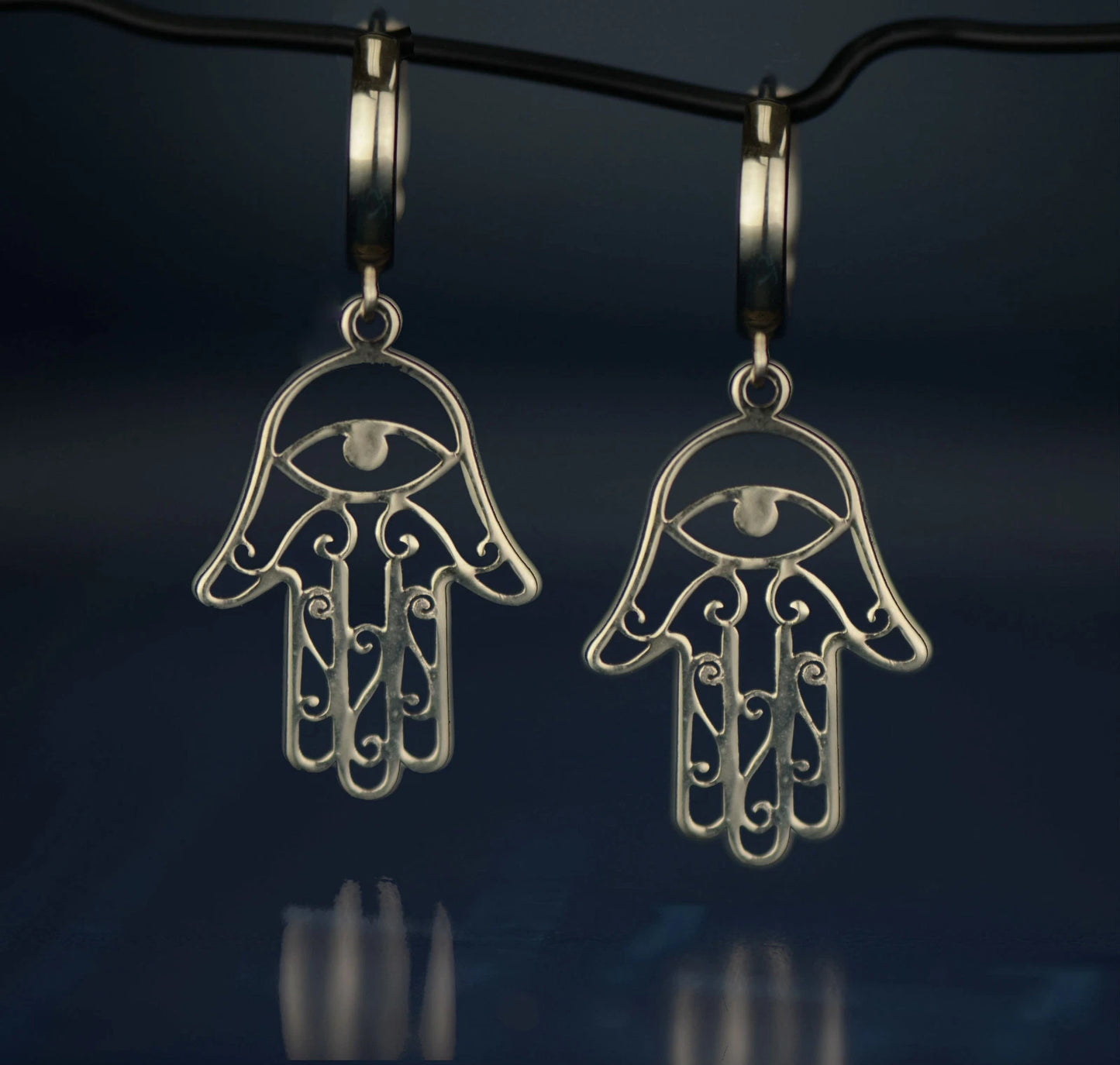 14k Yellow / White Gold Dangle Hamsa Huggie Earrings
