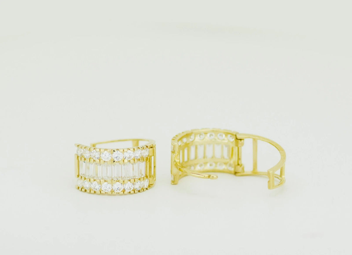 14k Yellow and White Gold Baguette Huggie Hoop Earrings