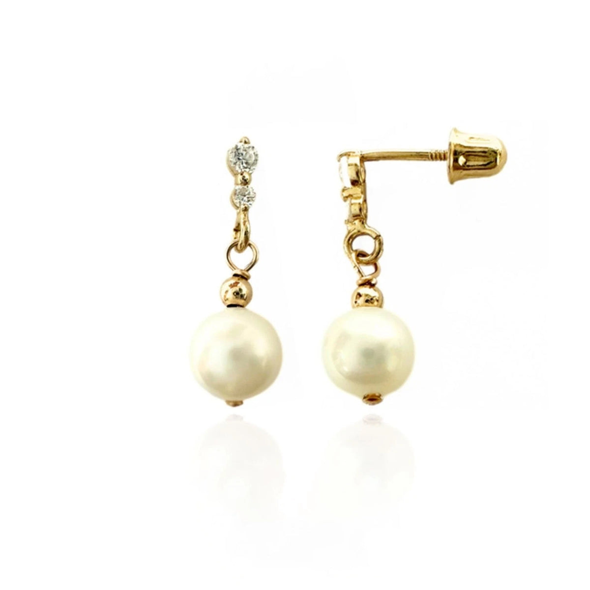 14K Gold Dangle Earrings With Genuine Freshwater Cultured Pearl 5mm Screw Back