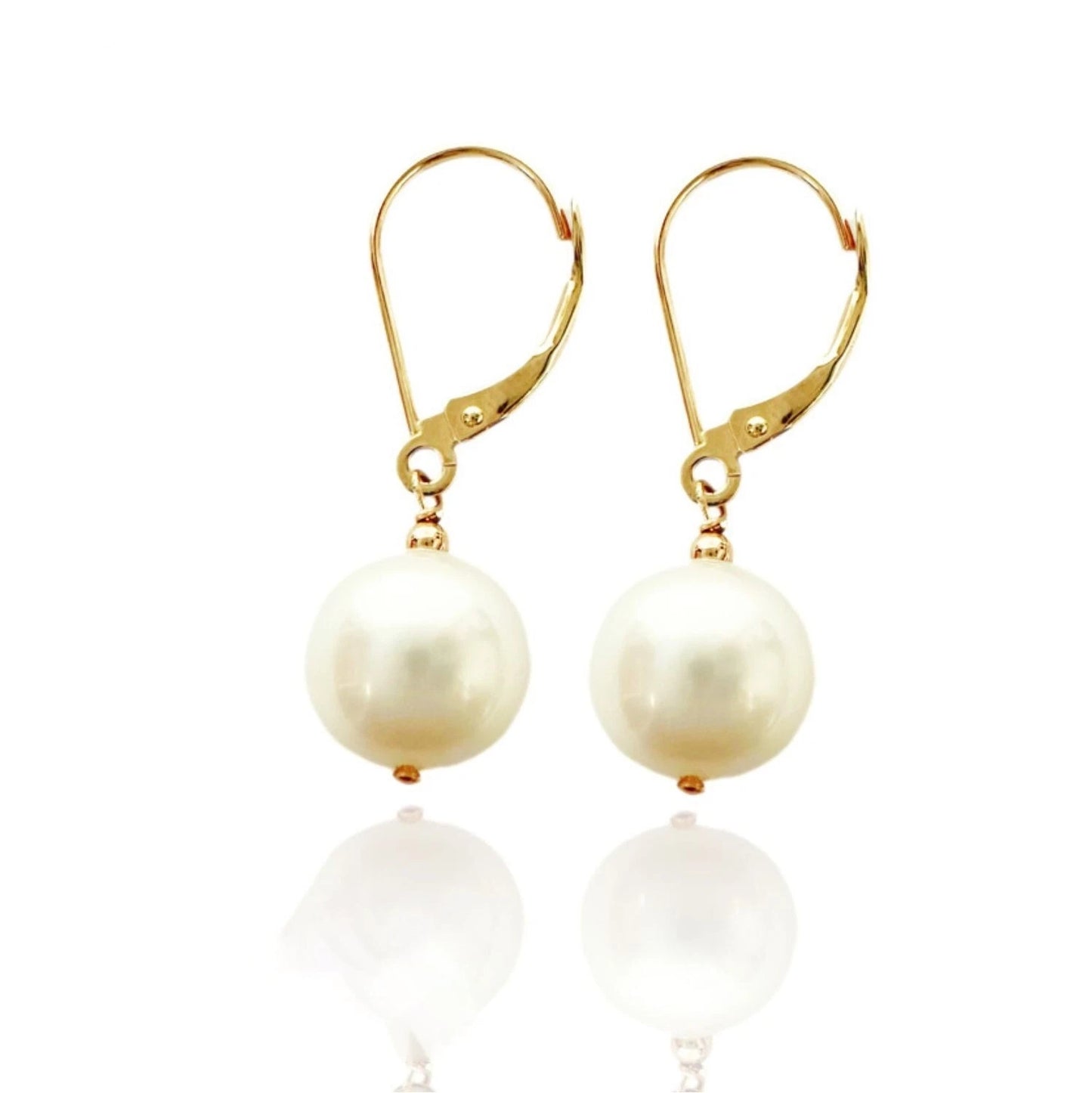 14K Gold Lever Back Earrings with Genuine Freshwater Cultured Pearl 9mm