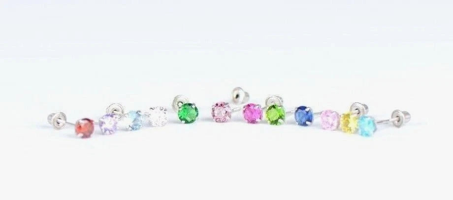14K Solid White Gold 3mm Round Birthstone Stud Earrings with screw back