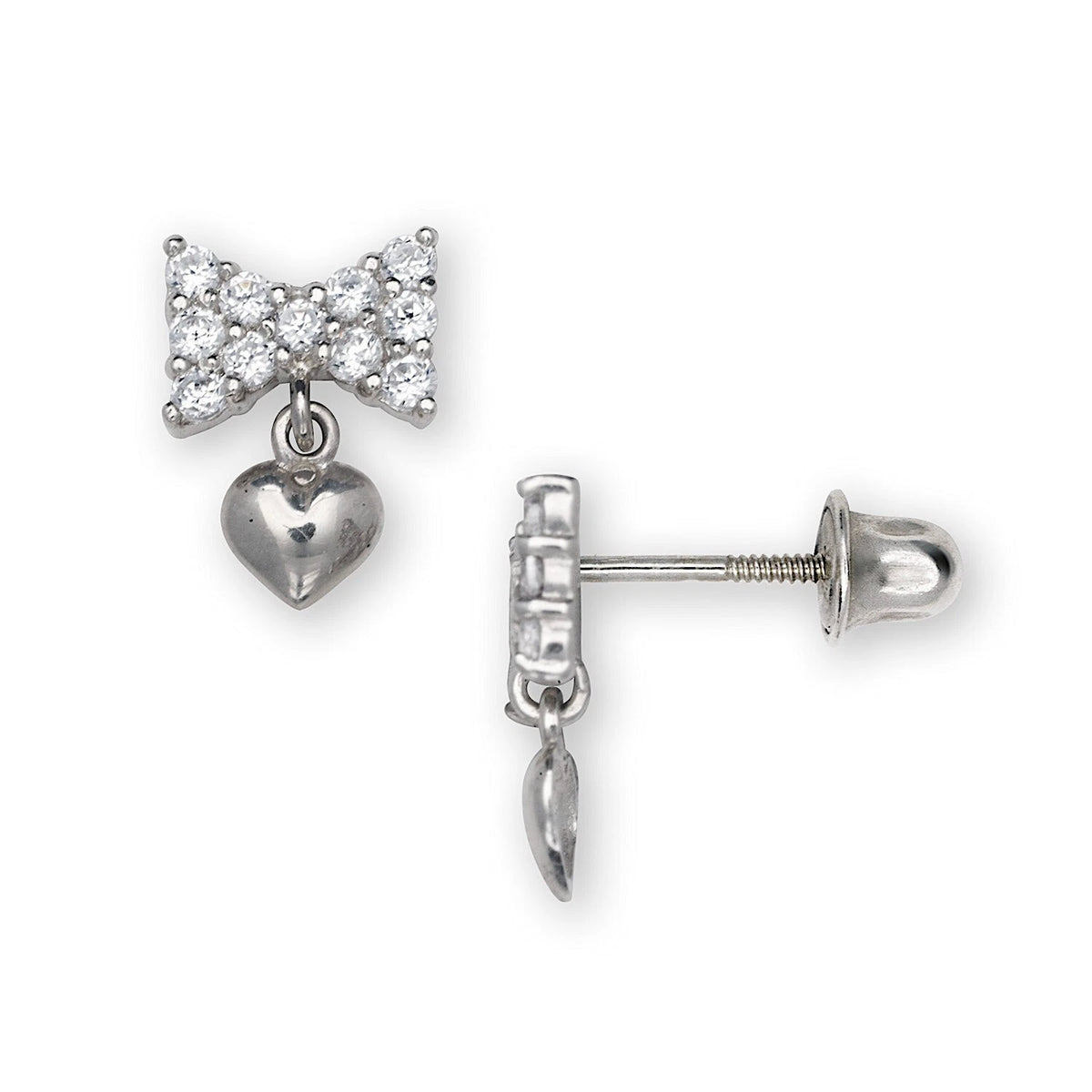14K Yellow & White Gold Sweet Bow & Heart Dangle Earrings for Girls