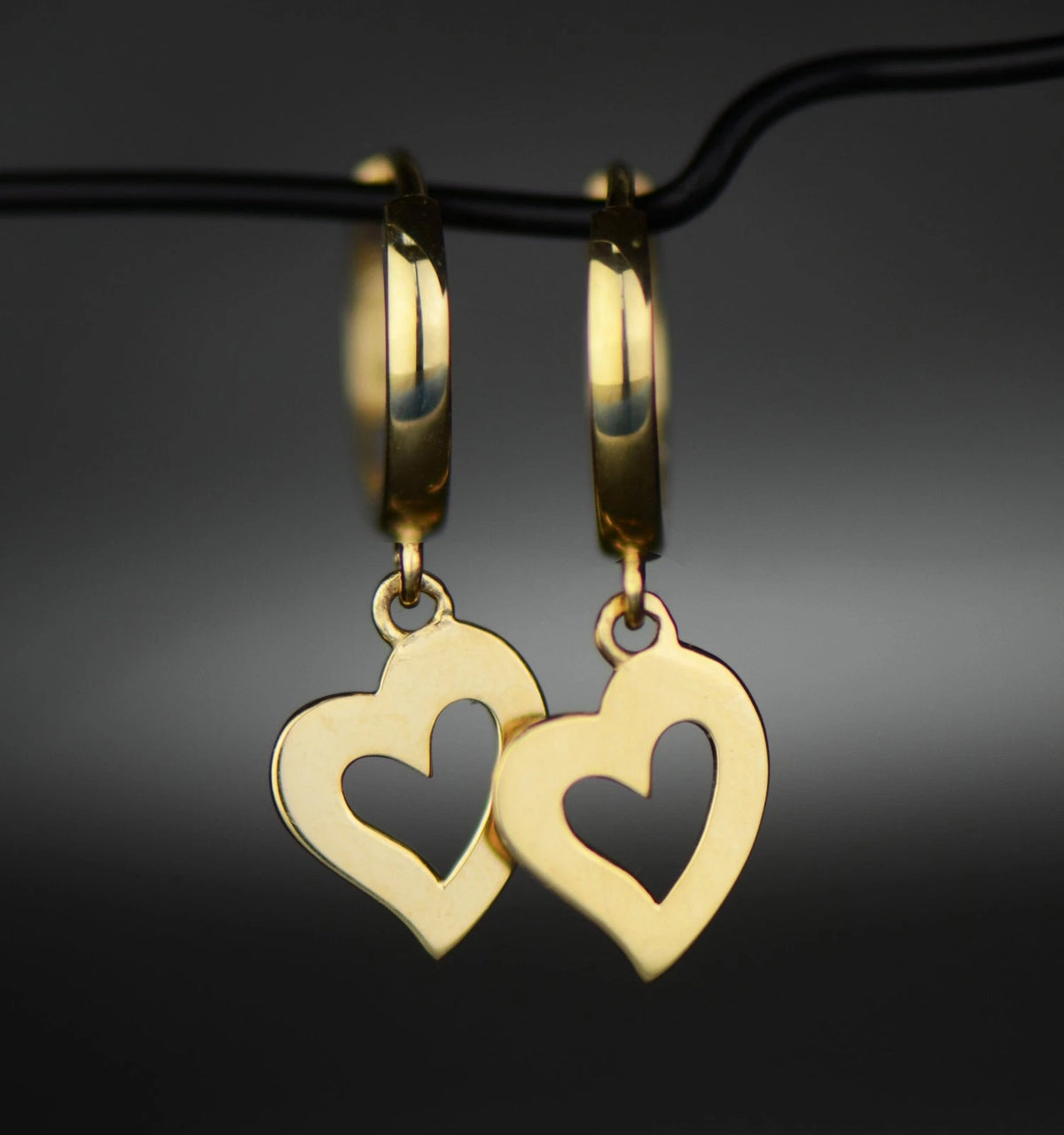 14k Yellow / White Gold Dangle Open Heart Huggie Earrings