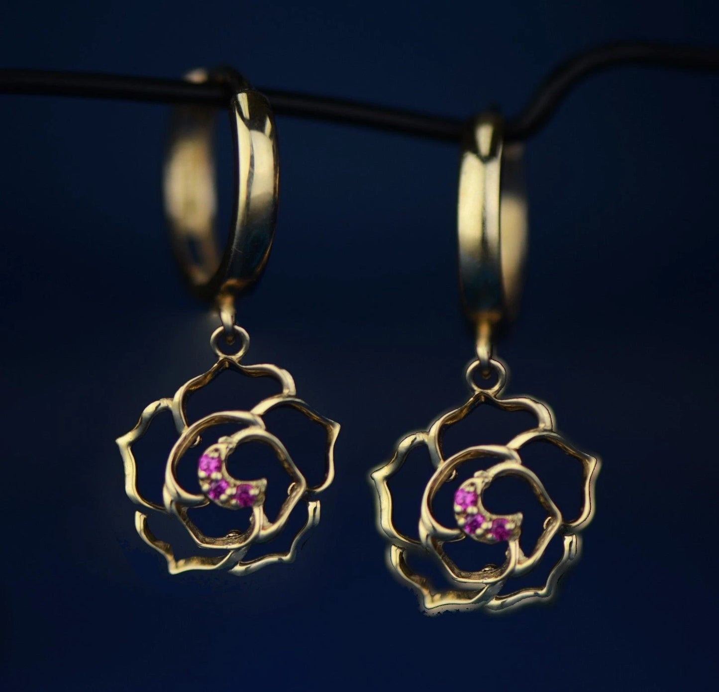 14k Yellow / White Gold Dangle CZ Flower Huggie 3 Stones Earrings