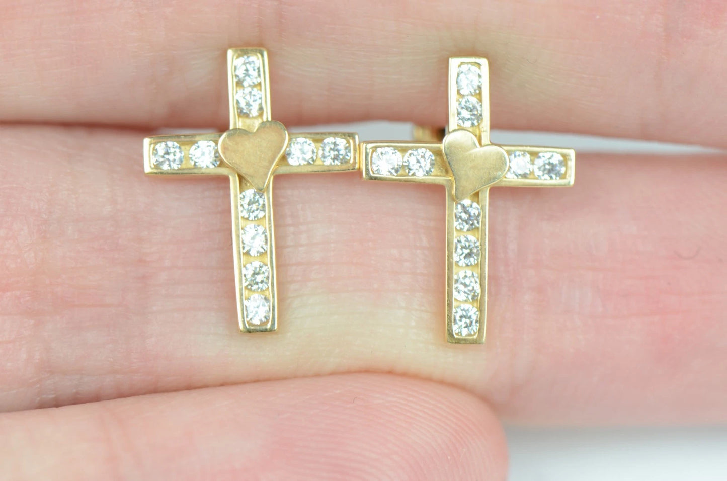 14K Yellow or White Gold Heart CZ Cross Earrings