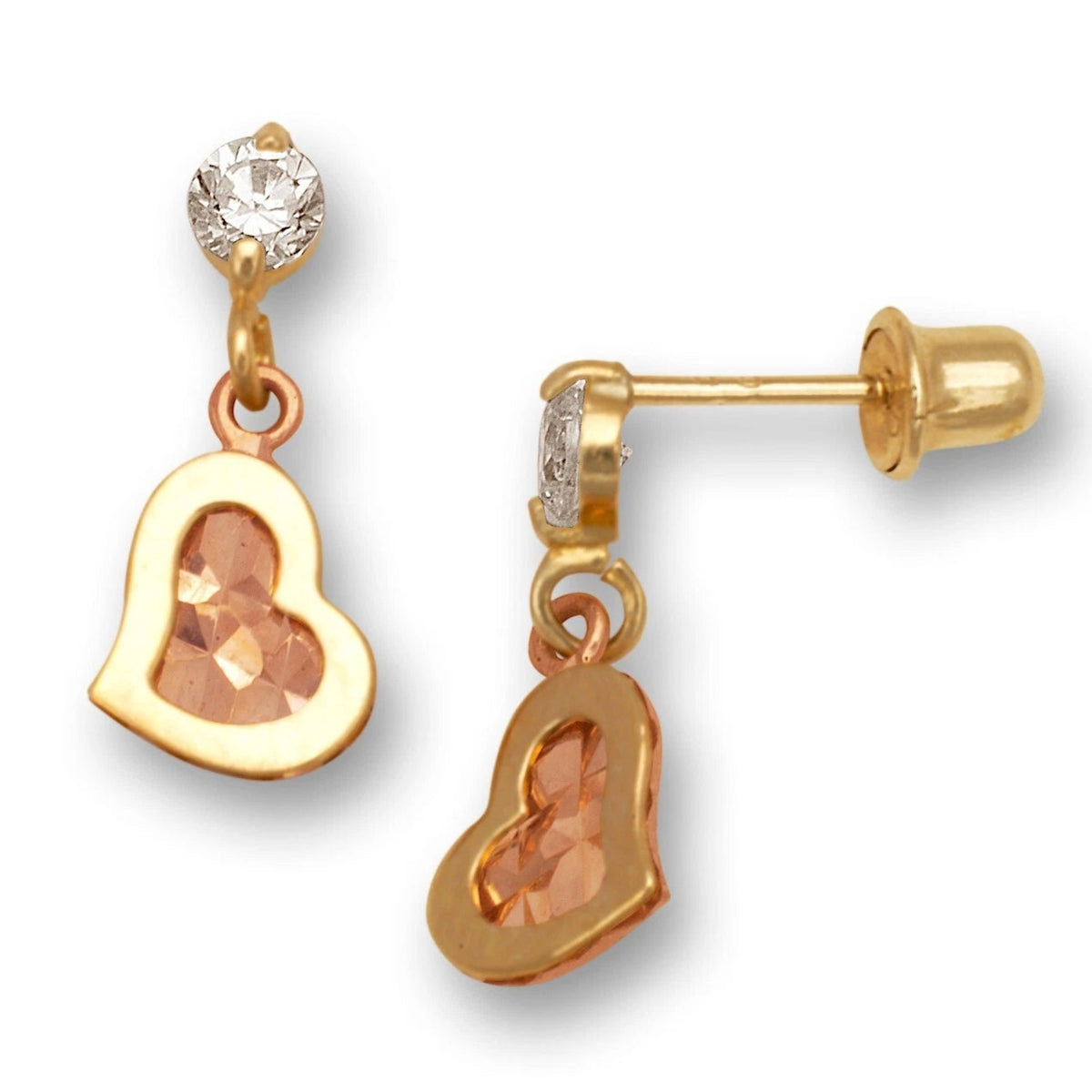 14K Yellow Gold CZ Heart Dangle Hanging Earrings for Women