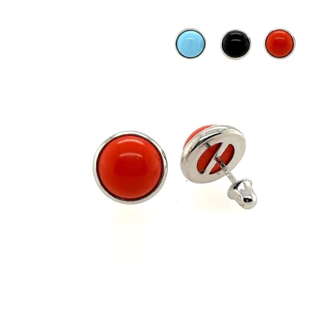 14K White Gold Turquoise/Onyx/Coral Screw Back Solitaire Stud Earrings