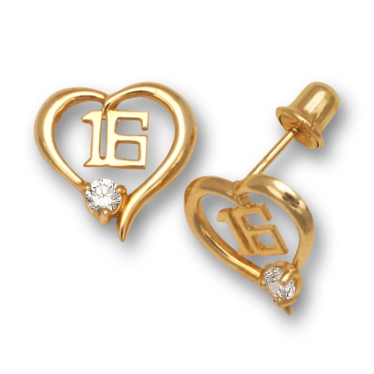 14K Yellow Gold Heart Shaped 16 Number kids Earrings Cubic Zirconia