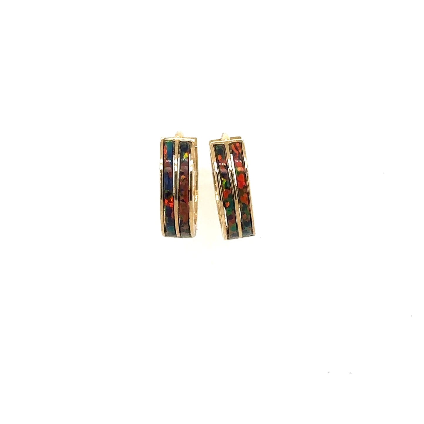 14k Yellow Gold Double Row Black Opal Huggie Hoop Earrings