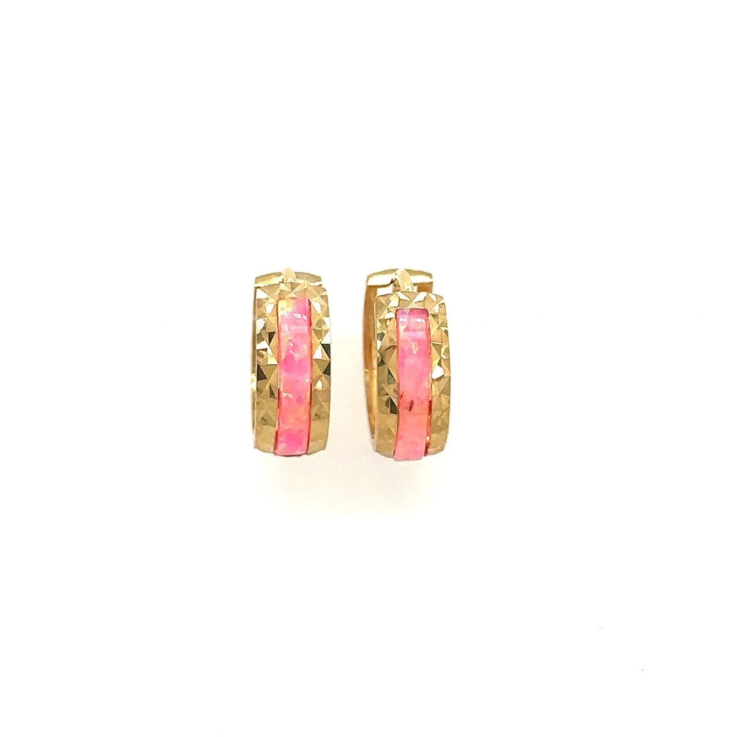 14k Yellow Gold Hot Pink Opal Huggie Hoop Earrings