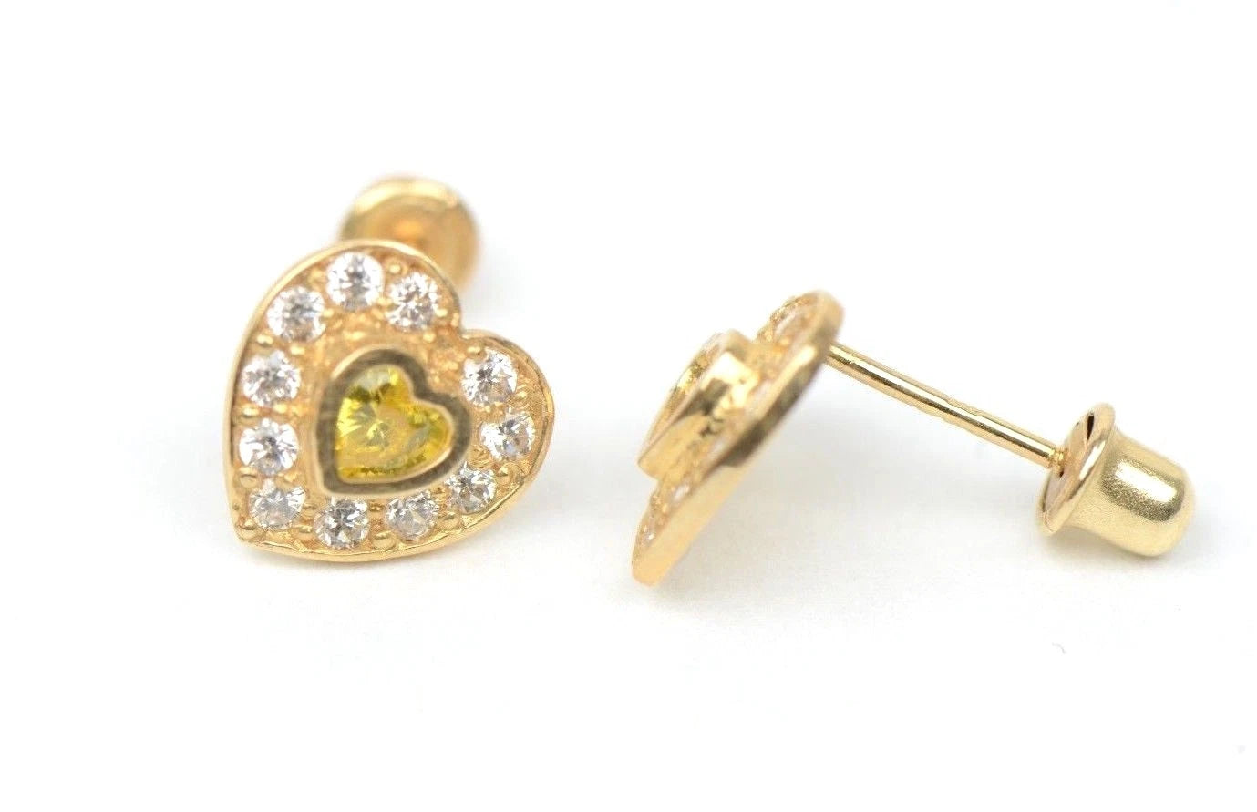14K Yellow Gold Birthstone Heart with CZ Stud Earrings Screw Back