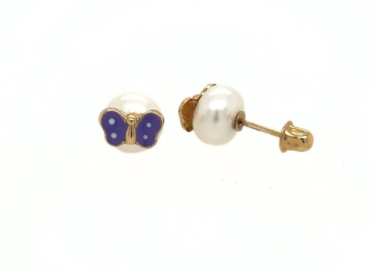 14k Yellow Gold Enamel Butterfly With Genuine Pearl Screw Back Stud Earrings