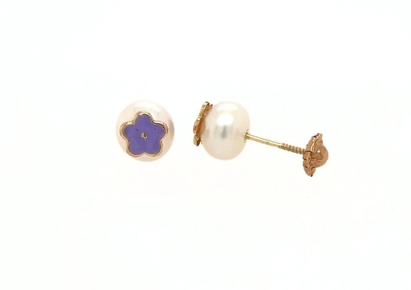 14k Yellow Gold Enamel Flower With Genuine Pearl Screw Back Stud Earrings
