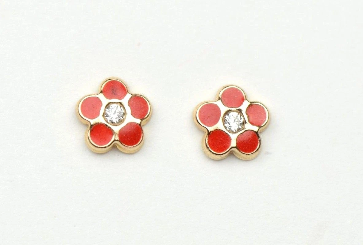 14k Yellow Gold Baby Enamel and CZ Flower earrings, Screw Back