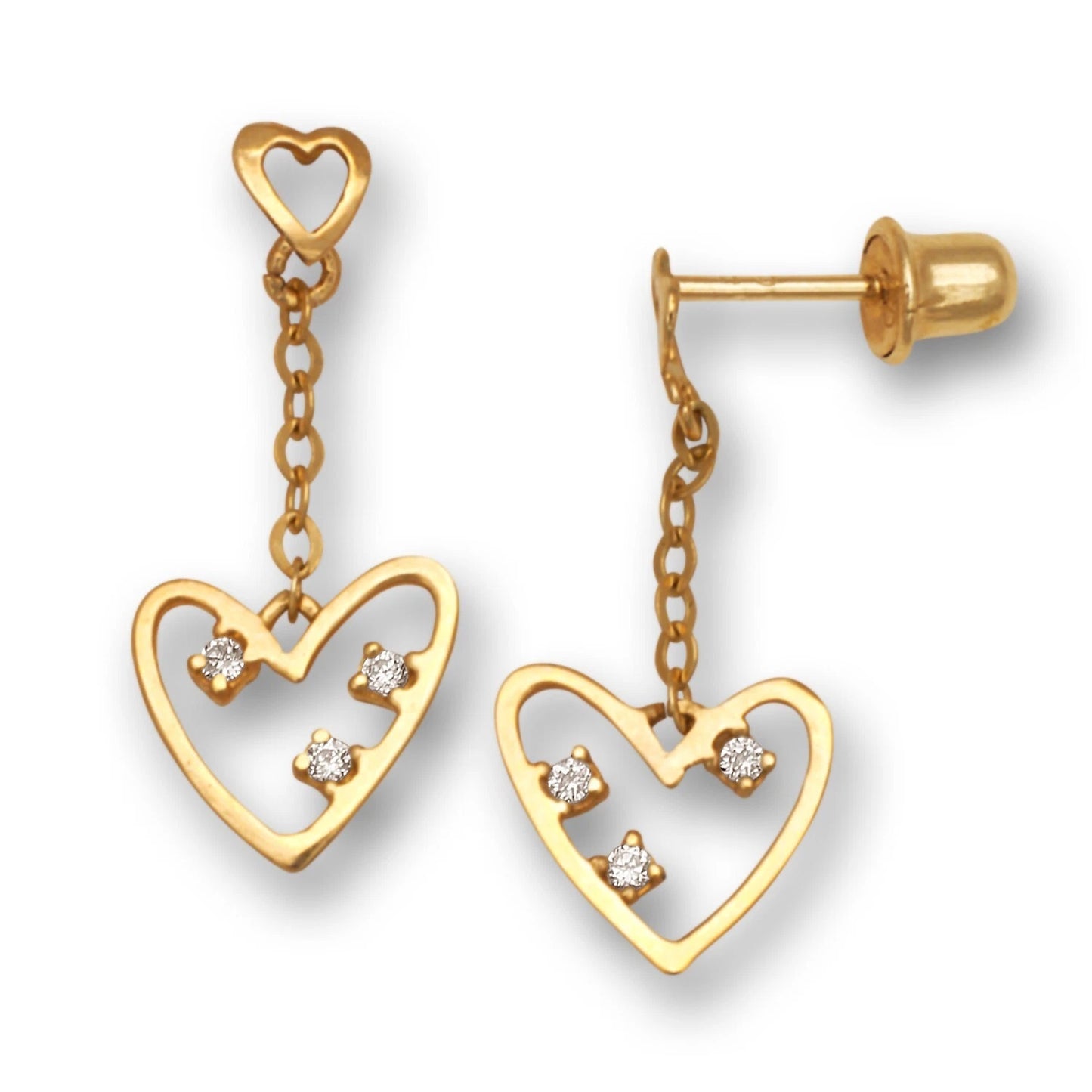 14K Yellow Gold CZ Open Heart Dangle Stud Screwback Earrings for Women