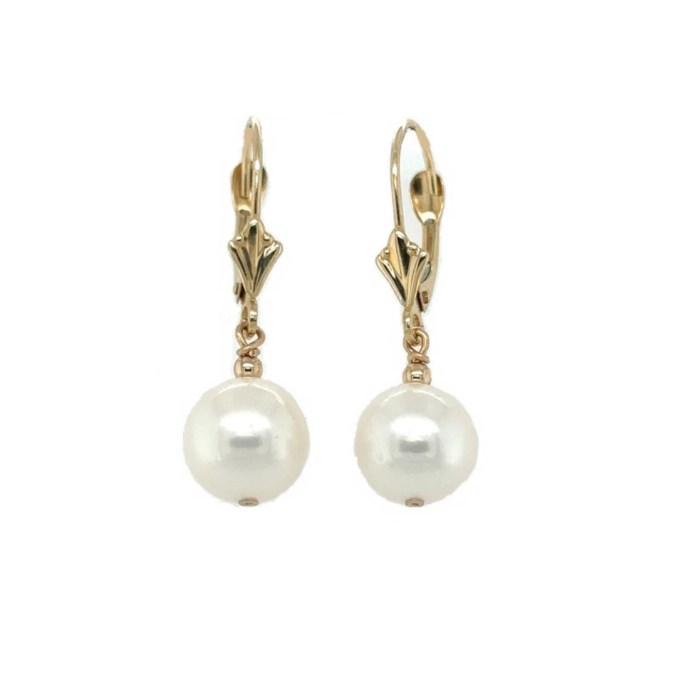 14K Yellow Gold Lever Back Earrings with Genuine Pearl 8.5mm