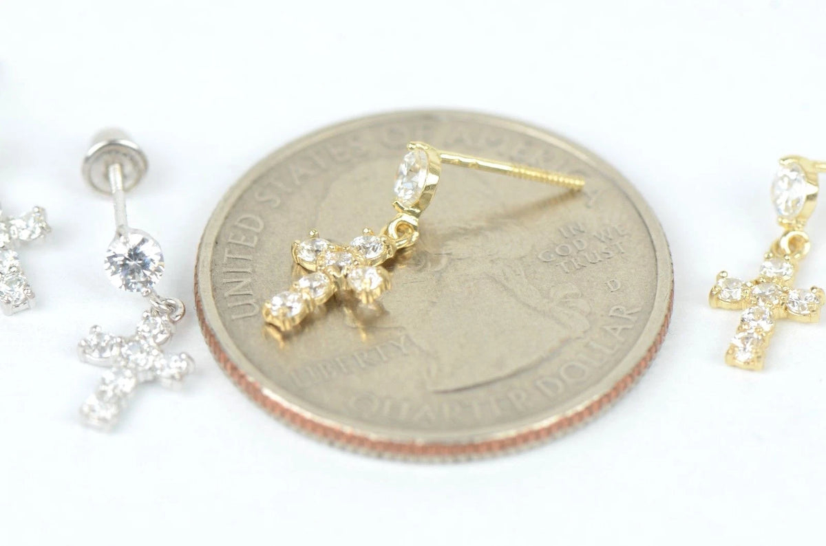 14K Cubic Zirconia CZ Cross Dangle Earrings