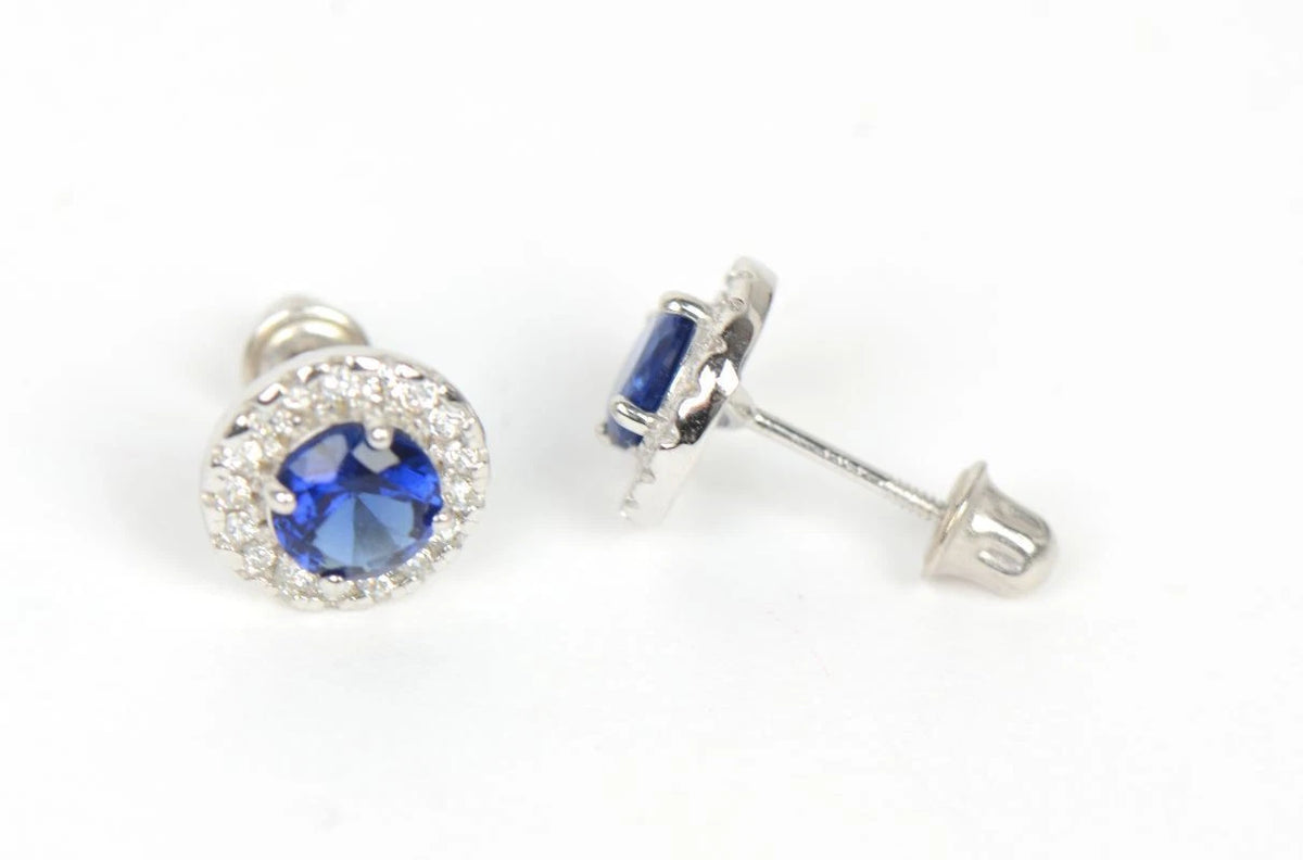 14K Solid White Gold Halo Stud CZ Screw Back Earrings