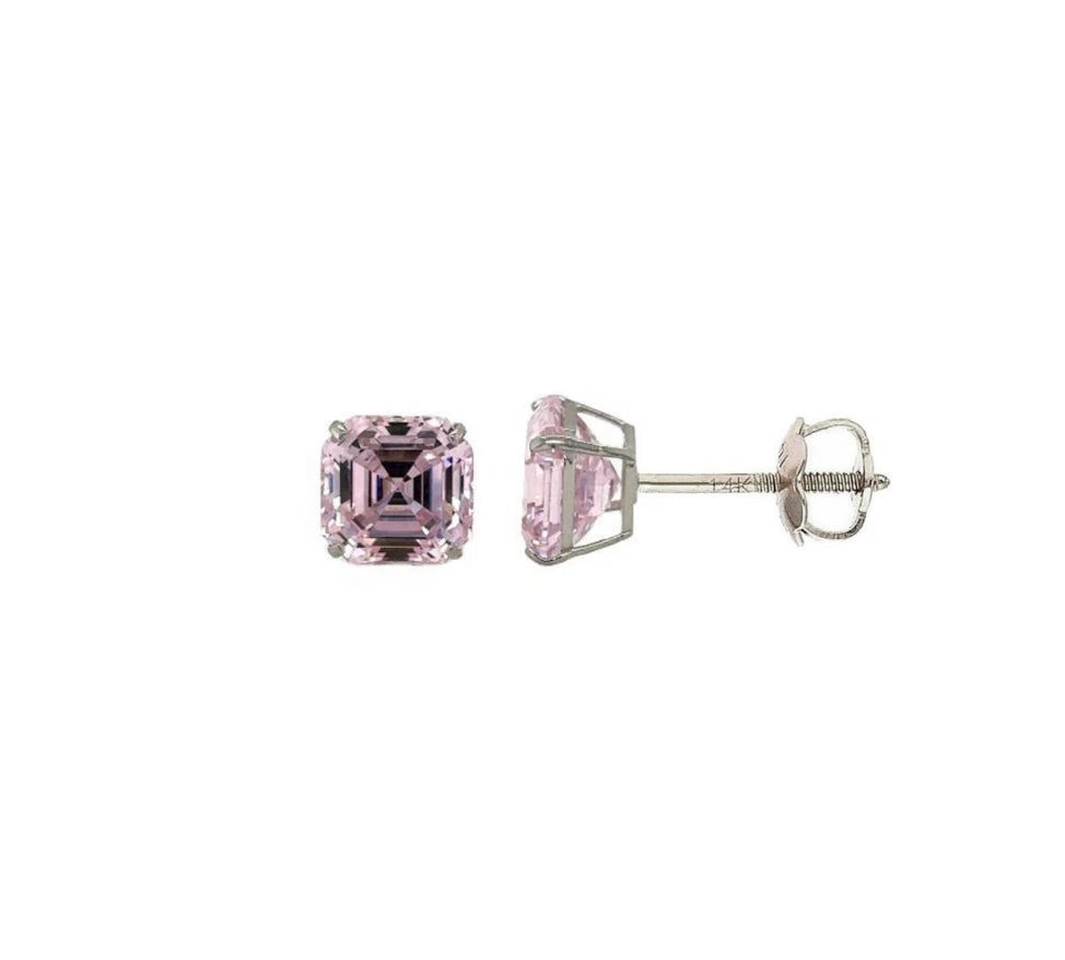14K White Gold Asscher Cut Stud Earrings Screw Back